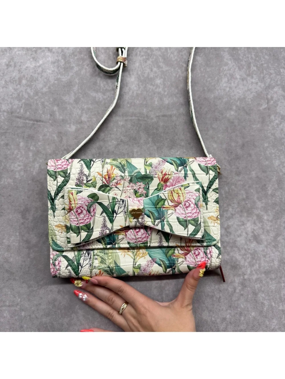 Betsey Johnson Botanical Floral Croc Bow Organizer Crossbody Purse